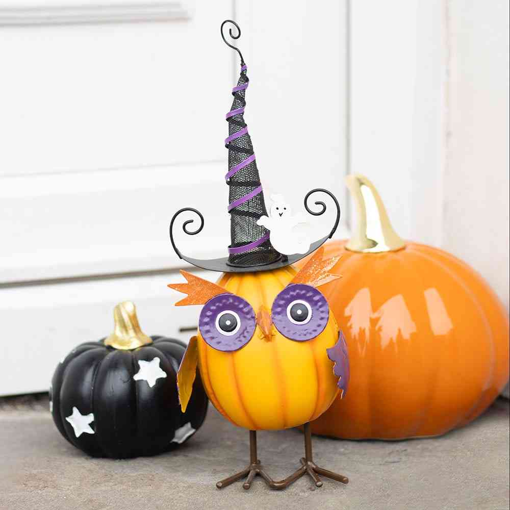 Something Different - Orange Metal Owl Ornament with Witch Hat and Ghost Garden figure - Multicolours